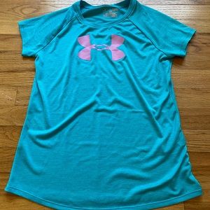 Girls blue and pink under armor workout shirt.
